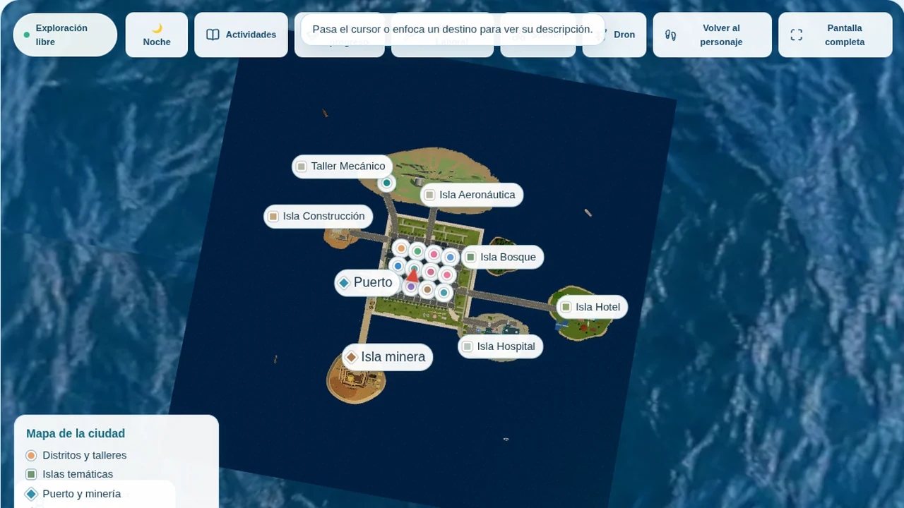Mapa actualizado de Ciudad Laboral con sus distritos, islas temáticas, puerto, hospital, hotel, bosque, aeropuerto, taller, construcción y faena minera